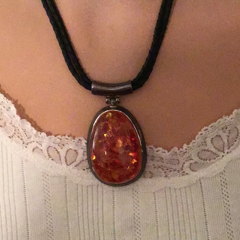 Large ORANGE pendant,Black leatherette braid Cords